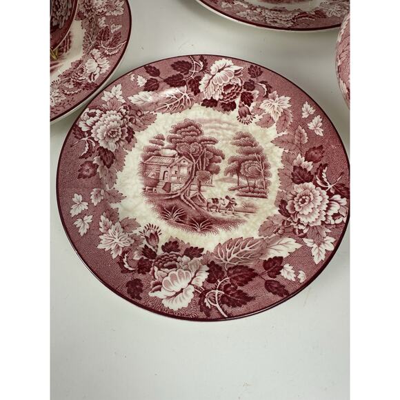 Wood & Sons English Scenery Pink Platter Sugar Bowl Tea Cups Lot Of 13 - Picture 3 of 12